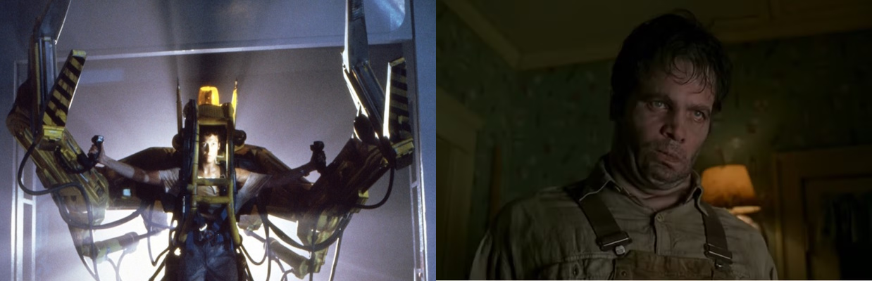 On the left, a still from the Movie Aliens showing Ripley lit from behind, standing triumphantly in the Power Loader. On the right, a still from the movie Men In Black showing Edgar, an invasive alien in a Vincent D'Onofrio skin suit.