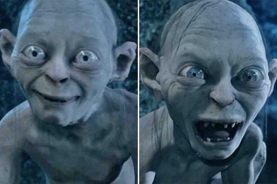 Side by side stills showing a gentle, child-like Smeagol on the left and an angry, snarling Gollum on the right.
